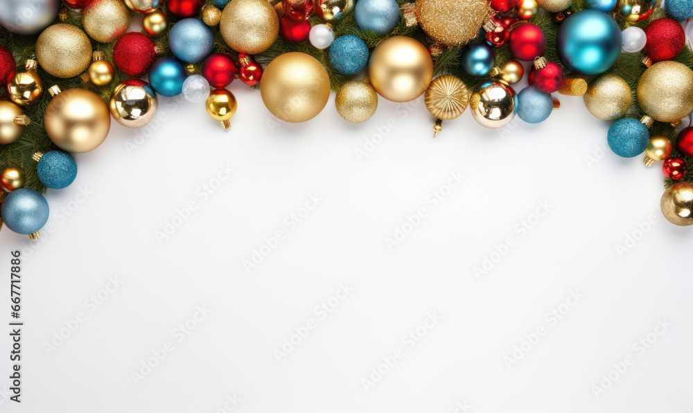 Frame of beautiful golden, blue, red, white, green Christmas ornaments Frame of beautiful golden, blue, red, white, green Christmas ornaments