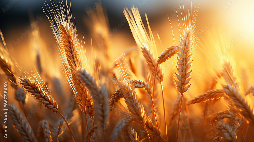 Golden Ripe Ears of Wheat on Nature in Summer Field at Sunset Rays of Sunshine Defocused Background