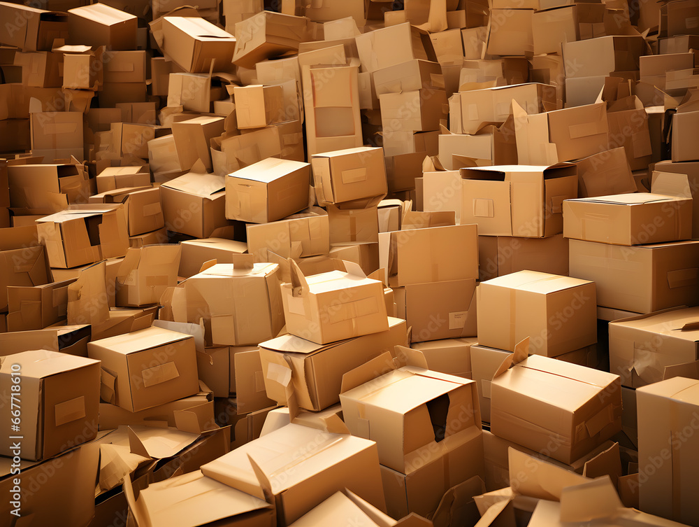 A huge pile of cardboard boxes stacked up high in a warehouse. A huge pile of cardboard boxes stacked up high in a warehouse.