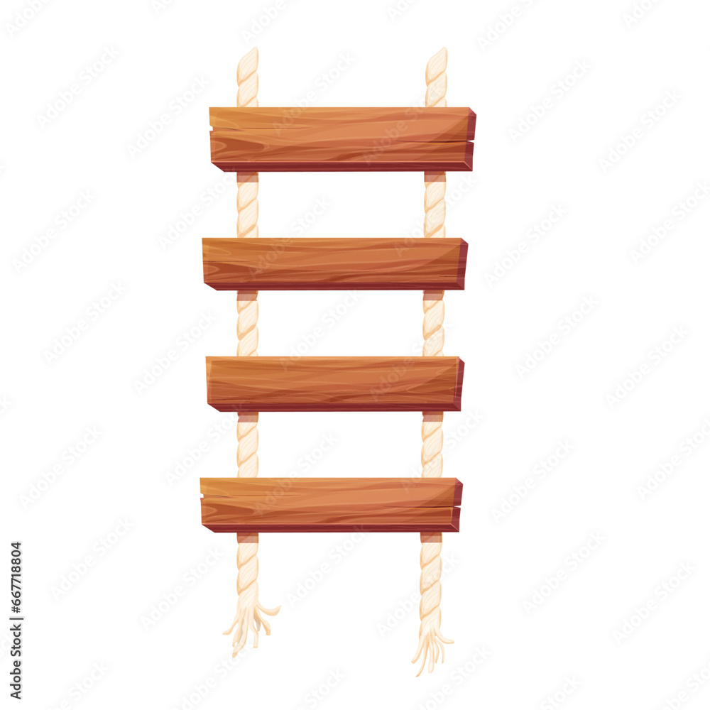 Wooden ladder with rope, planks hanging, staircase in cartoon style isolated on white background, Bridge, game road. Wooden ladder with rope, planks hanging, staircase in cartoon style isolated on white background, Bridge, game road.