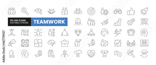 Set of 50 Teamwork line icons set. Teamwork outline icons with editable stroke collection. Includes Teamwork, Presentation, Team, Communication, Human Resources and More.
