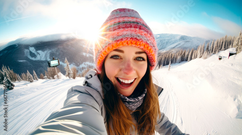 Happy woman posing for winter selfie on a ski resort. Sport and healthy lifestyle concept. AI Generated © millenius
