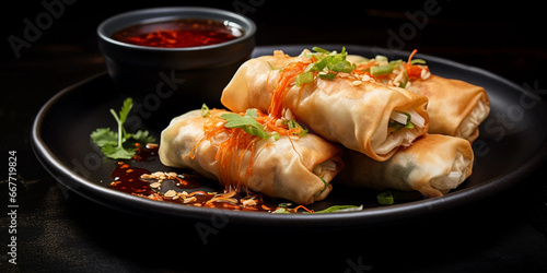 Tasty spring rolls with ketchup ,Crispy Fried Spring Roll Snack