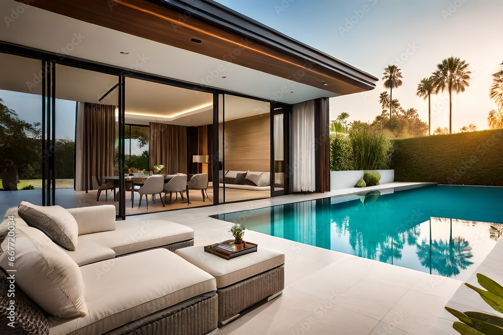 Luxury villa by the sea with pool in garden. Generative AI - obrazy, fototapety, plakaty 