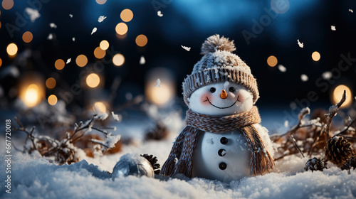 Merry Christmas Greeting with Cute Snow Man Giving Gift in Outdoor For Winter Holiday Eve Background Selective Focus