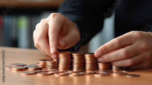 Saving money concept. Male hand putting money coin stack growing business