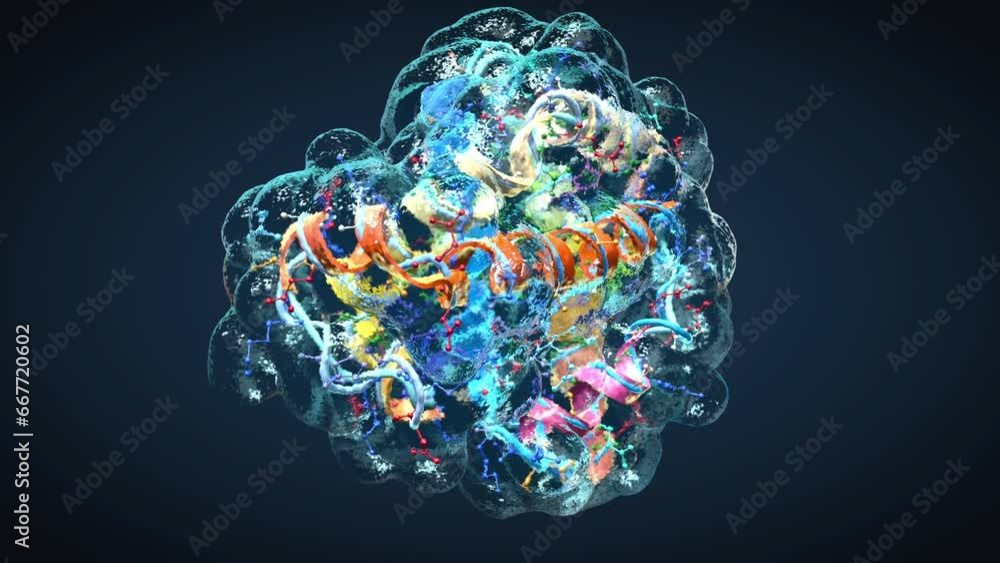 Colorful structure of a chain of amino acids or bio molecules called proteins - 3d illustration