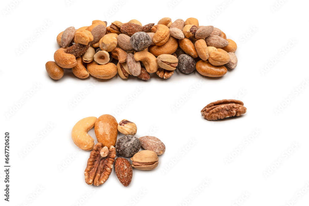 A group of almonds, pistachios, walnuts, macadamia, cashews. A group of almonds, pistachios, walnuts, macadamia, cashews.