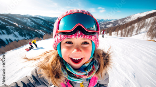 Happy little girl posing for winter selfie on a ski resort. Sport and healthy lifestyle concept. AI Generated