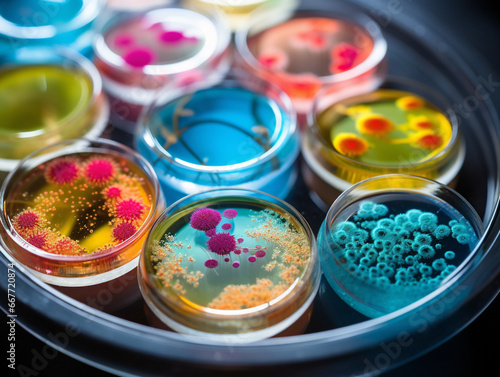Vibrant petri dish showcasing diverse bacterial growth patterns, bursting with vivid hues.