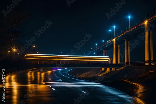 Nighttime scene of an empty road with a city viaduct bridge and neon lights.