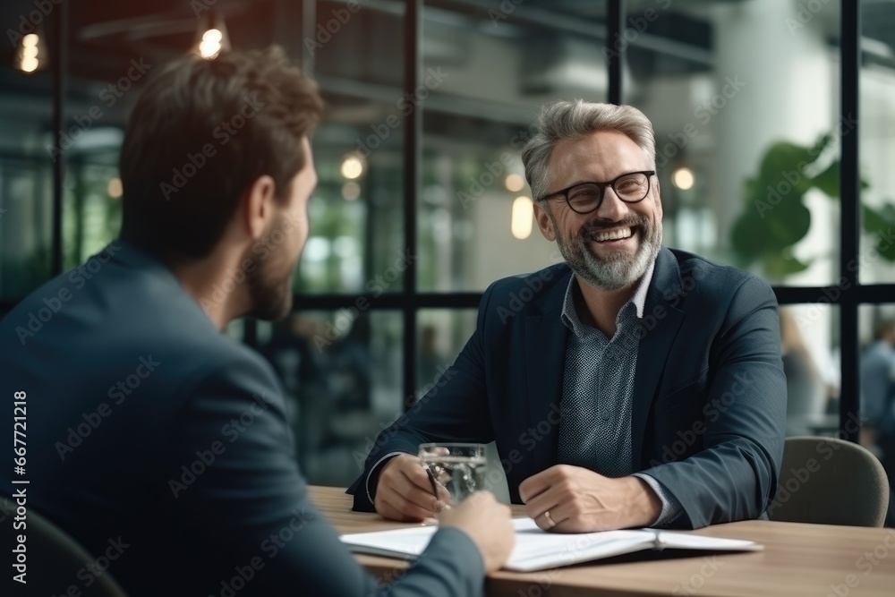 Two Men Engaged in a Conversation at a Table Two Men Engaged in a Conversation at a Table