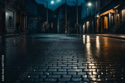 the background is . The damp pavement reflects the dark street.