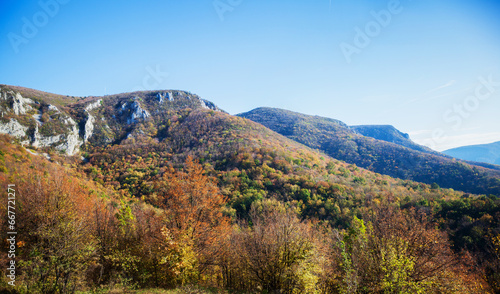 Vibrant autumn landscape with a majestic mountain range and endless wilderness.