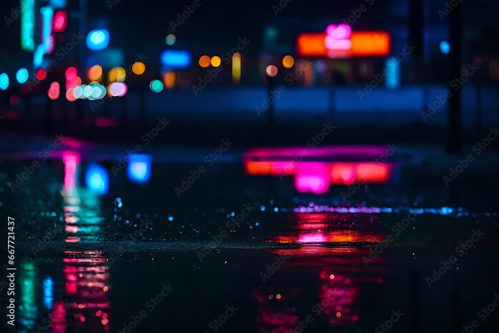 neon light on damp asphalt in the background. Neon lights reflecting in puddles, vivid hues, glass ball. neon-lit city.