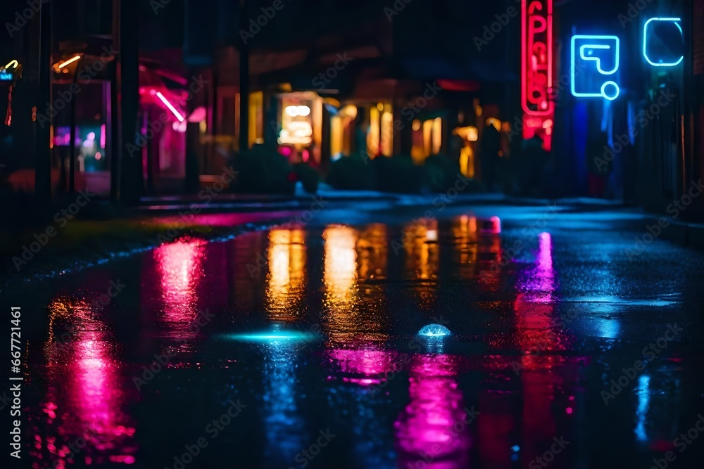 neon light on damp asphalt in the background. Neon lights reflecting in puddles, vivid hues, glass ball. neon-lit city.