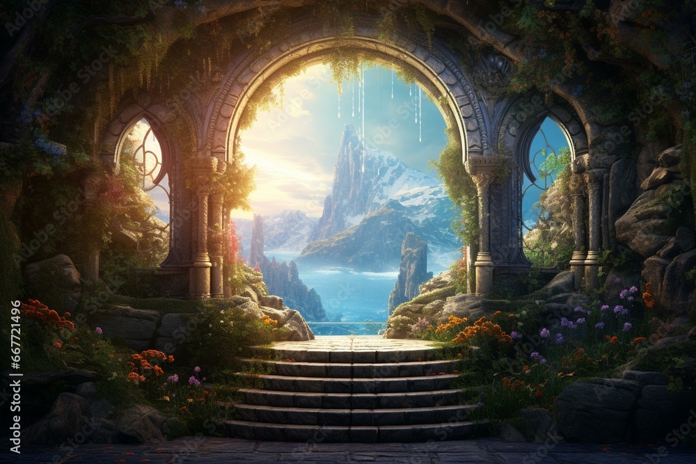 A mystical portal in a stone arch set against a surreal fairytale backdrop. Generative AI