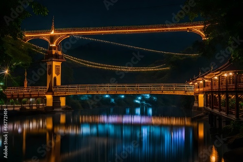 Iron Bridge illuminated in color at night