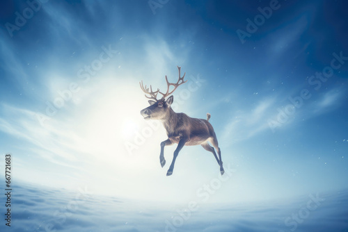 Majestic Reindeer Flying Amidst Snowflakes