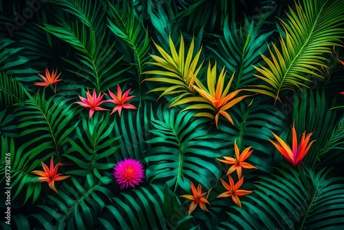 A brilliant color arrangement with neon square that is inspired by tropical plants. Lay flat. Nature-based idea