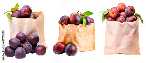 Collage of three paper bags of red plums over white background