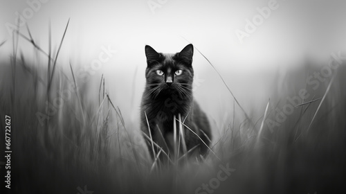 un chat noir assis dans les hautes herbes, temps brumeux - noir et blanc