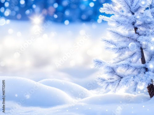 Beautiful winter background image of frosted spruce branches and small drifts of pure snow with bokeh Christmas lights and space for text. generative ai
