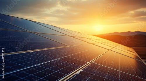 Solar panels in the sunset. Solar farm generating energy