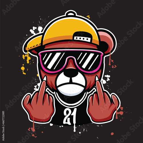 vector graffiti hand drawn teddy bear with middle finger designs for streetwear illustration
