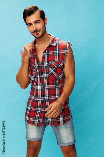 Background man smile blue trendy attractive confident happy arm