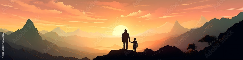 illustration of a Father and Son walking on a mountain 