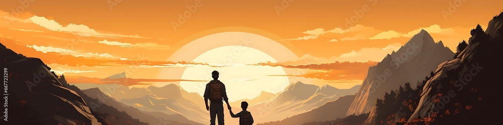 illustration of a Father and Son walking on a mountain 