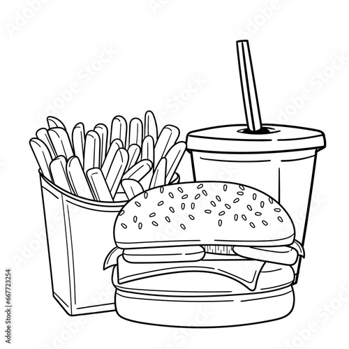 Vector of fast food. Vector illustration in sketch style. Set of French fries, hamburger and soda