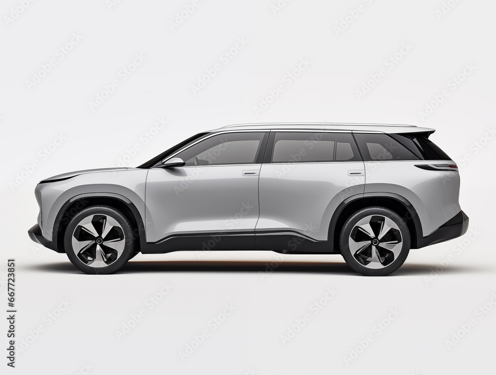 Sde view of a large, gray electric SUV on a white background