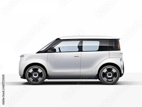 Side view of a small, white electric city car on a white background