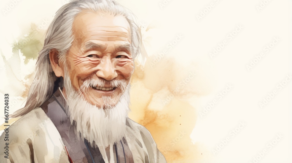 Smiling Old Chinese Man with Blond Straight Hair Watercolor Illustration. Portrait of Casual Person on white background with copy space. Photorealistic Ai Generated Horizontal Illustration.