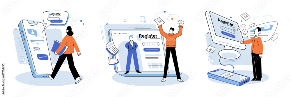 Registration online. Vector illustration. Safety measures should be implemented during online registration to protect user data Entering accurate information is vital for successful online Entering Registration online. Vector illustration. Safety measures should be implemented during online registration to protect user data Entering accurate information is vital for successful online Entering
