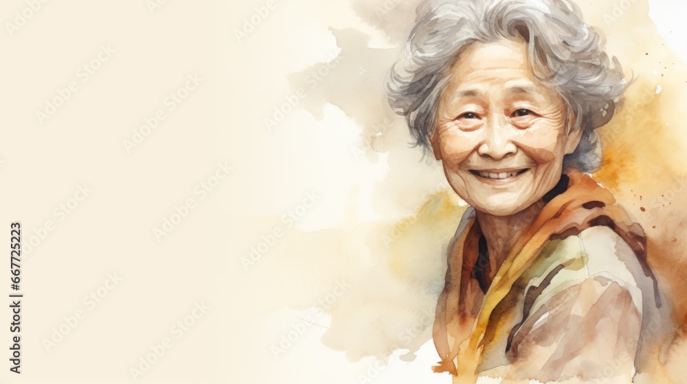 Smiling Old Chinese Woman with Brown Curly Hair Watercolor Illustration. Portrait of Casual Person on white background with copy space. Photorealistic Ai Generated Horizontal Illustration. Smiling Old Chinese Woman with Brown Curly Hair Watercolor Illustration. Portrait of Casual Person on white background with copy space. Photorealistic Ai Generated Horizontal Illustration.