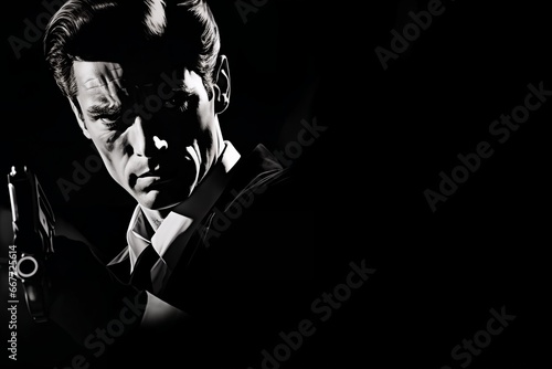 Portrait of a man at night, with a gun, on a brick wall background, dark night, street. Noir. Tense mood, anxiety and fear. Illustration poster in style of 1960