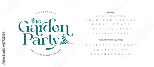 The Garden Party Complete Typography: Elegant, Stylish Alphabet Letters, Ligatures, and Numbers. Vector illustration