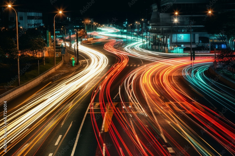 Abstract night traffic light trails in the city. Generative AI