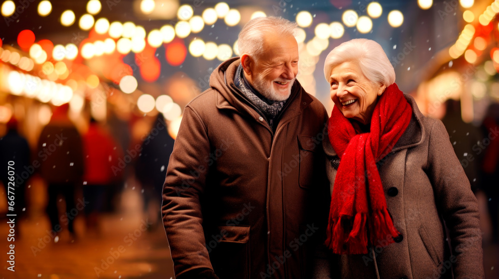 Happy senior couple enjoying christmas market, buying gifts. AI Generated