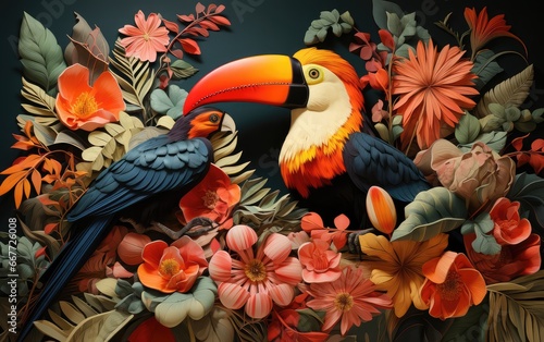 Exceptionally beautiful wall-hanging paintings, featuring a combination of animals, plants, flowers, and abstract elements. Created by AI