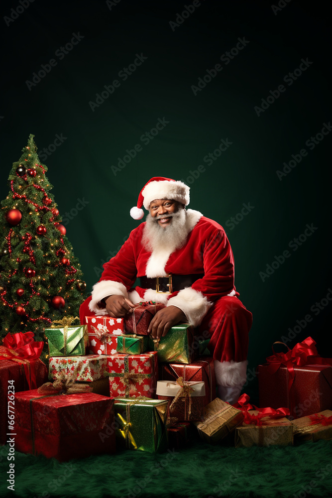African American Santa Sitting in Midst of Many Gifts. Generative ai African American Santa Sitting in Midst of Many Gifts. Generative ai