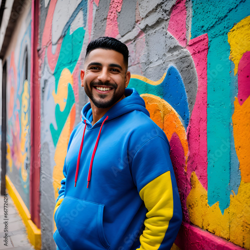 Latino man in blue hoodie