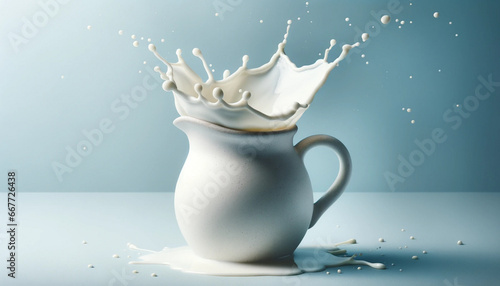 Photo of a white ceramic jug filled with milk, with a splash as droplets fly, set against a light blue background.