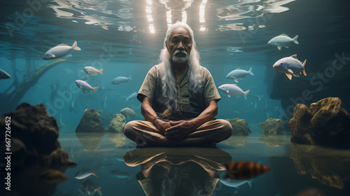 Generative ai polinesian senior mature man doing yoga underwater photo