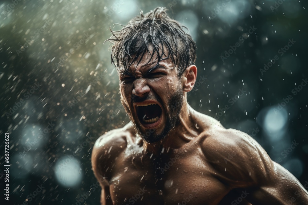 A Shirtless Man Enjoying the Rain with an Open Mouth A Shirtless Man Enjoying the Rain with an Open Mouth