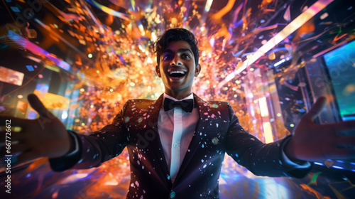 Generative ai indian teenager in colorful background celebrating success