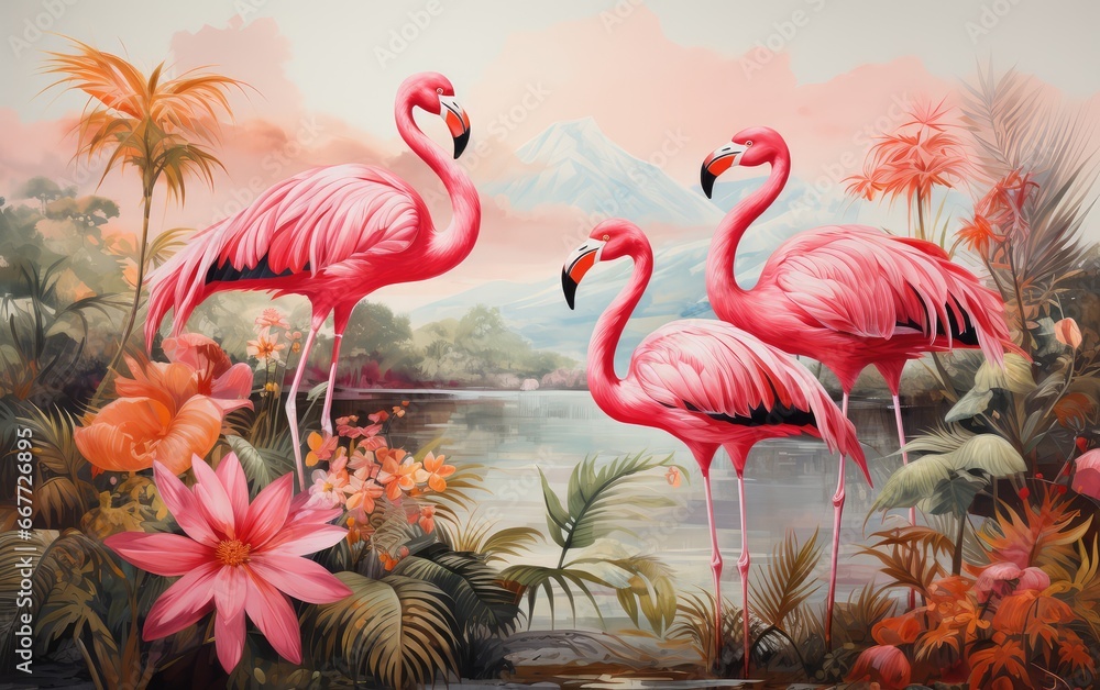 Fototapeta premium Exceptionally beautiful wall-hanging paintings, featuring a combination of animals, plants, flowers, and abstract elements. Created by AI